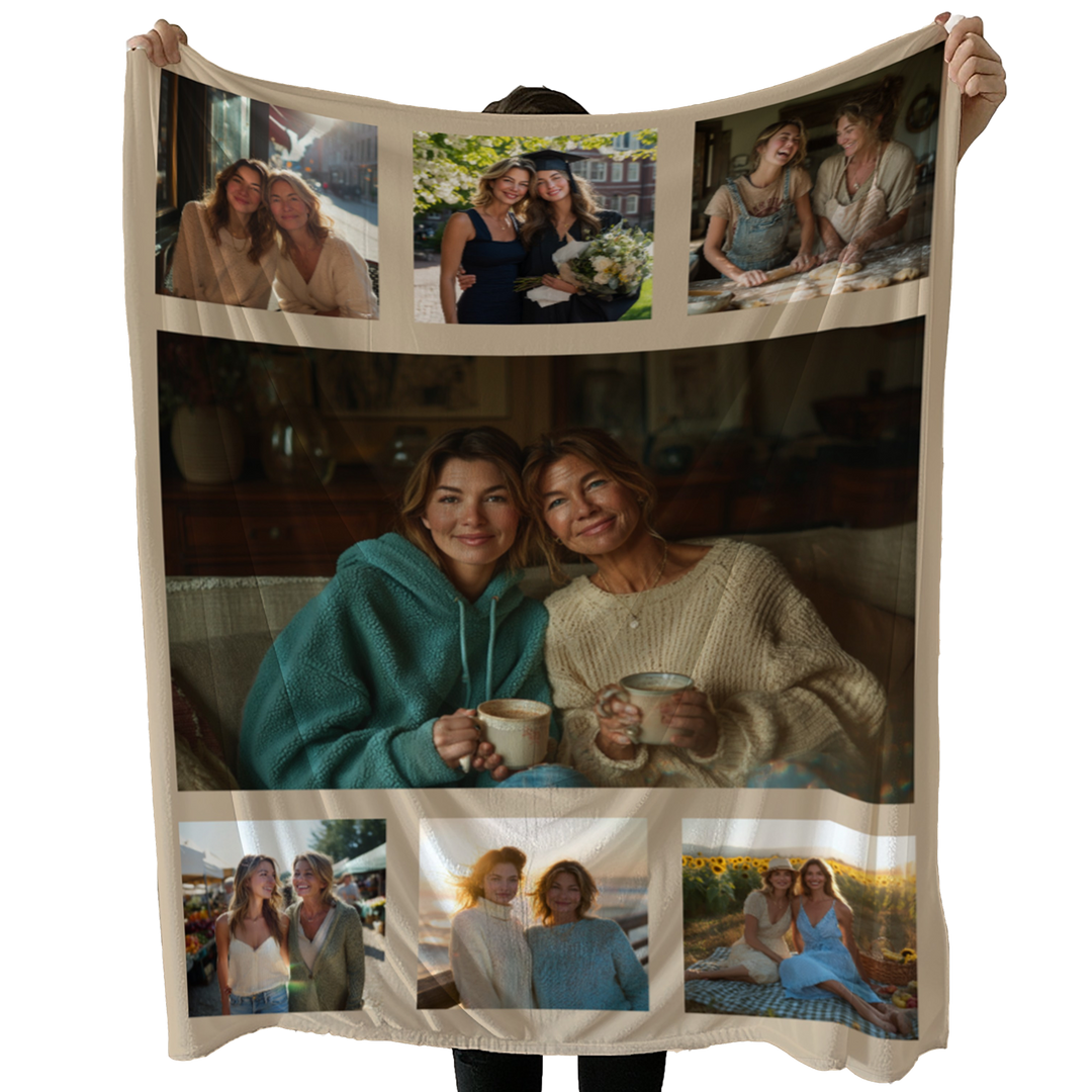 Blanket with multiple photos of two women holding hands and smiling.