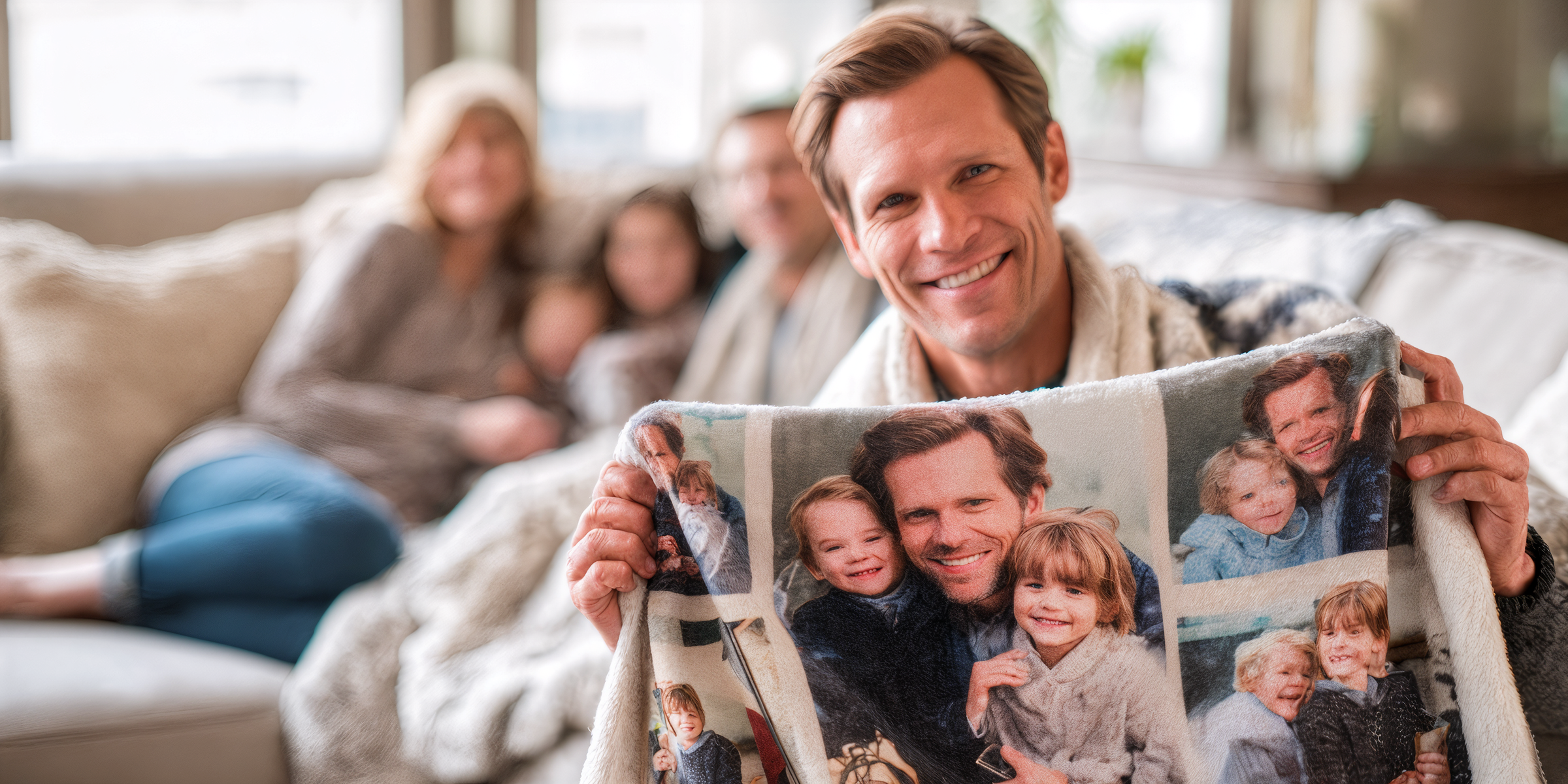 Man holding a blanket with family photos in a living room setting