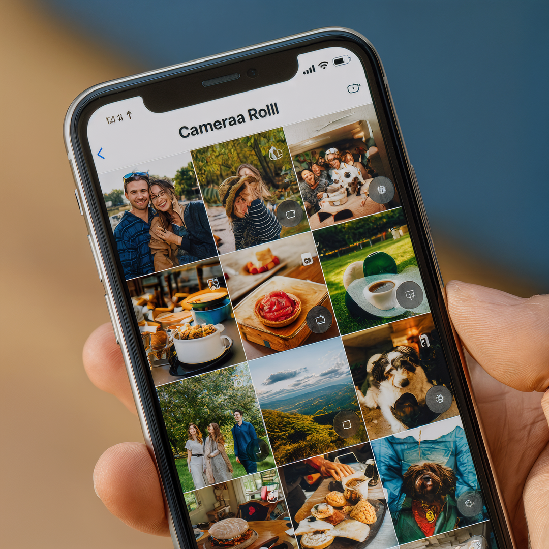 Phone displaying the Cameraa Rolll app with photo collage on a blurred background