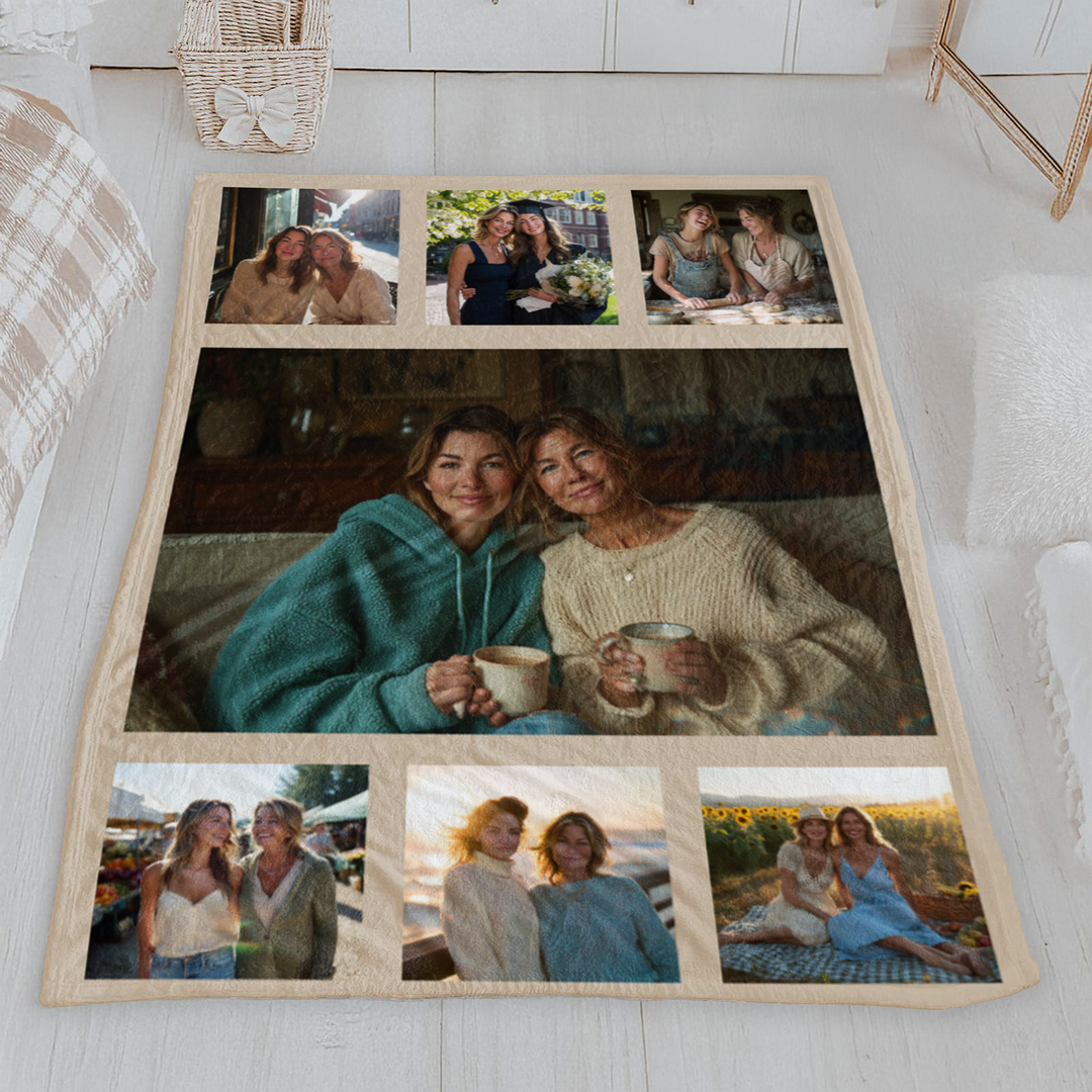 Personalized photo collage blanket on a wooden floor