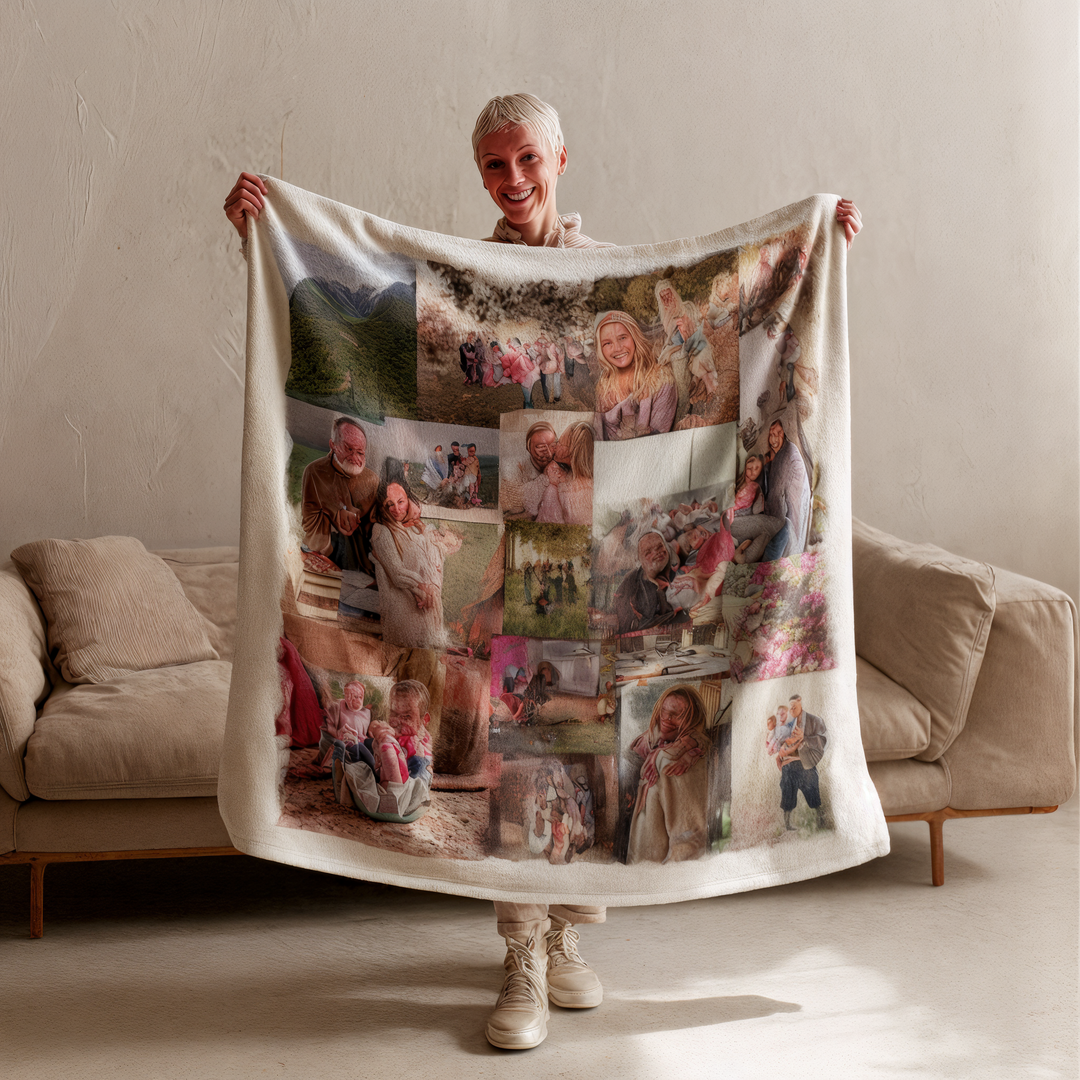 Person holding a blanket with multiple photos of people on it, standing in a room with a couch.