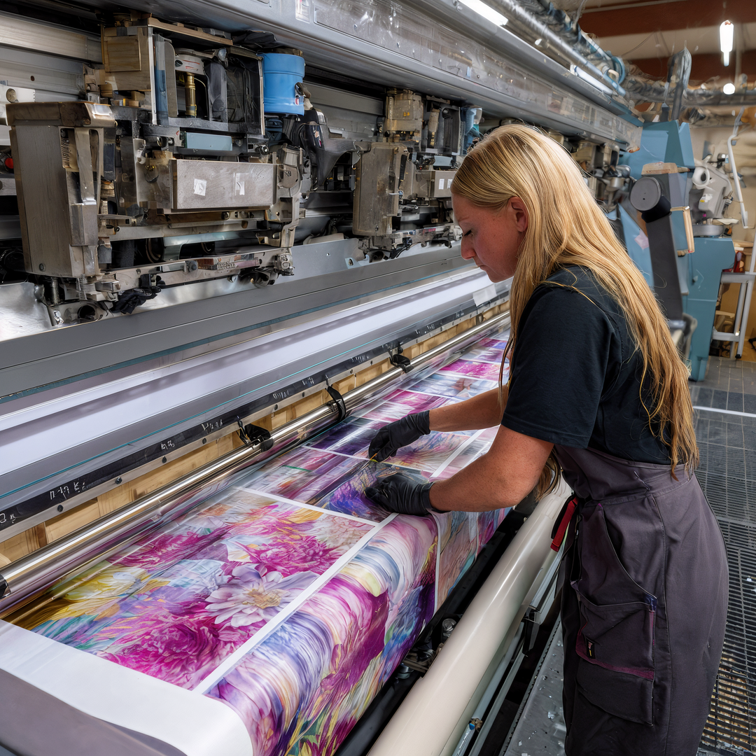 Worker operating a large textile printing machine with colorful fabric.