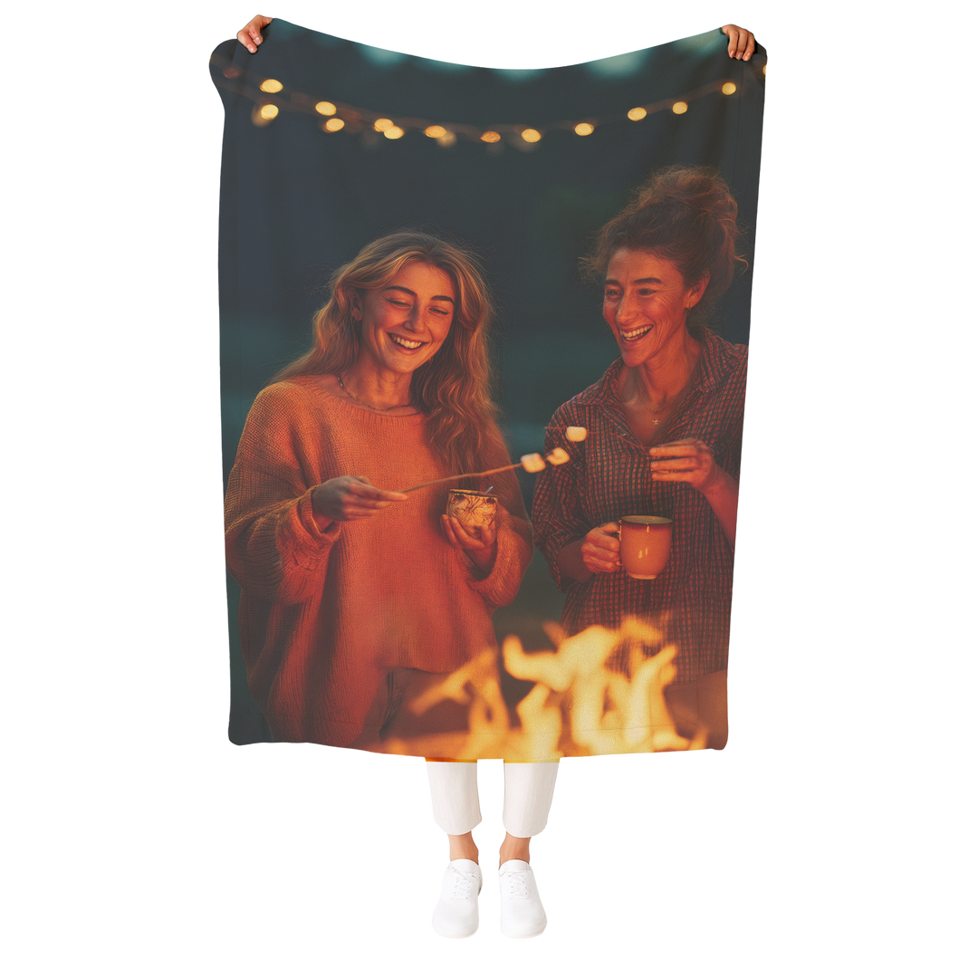 Blanket with a design of two people by a campfire and string lights.