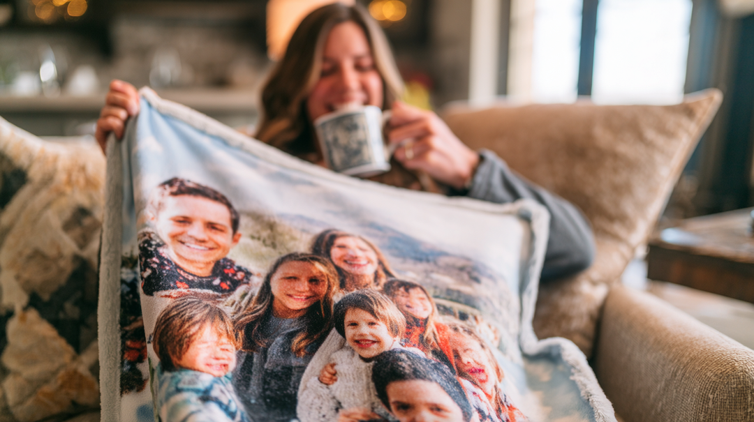 Person holding a pillow with a family photo and a mug in a cozy living room.
