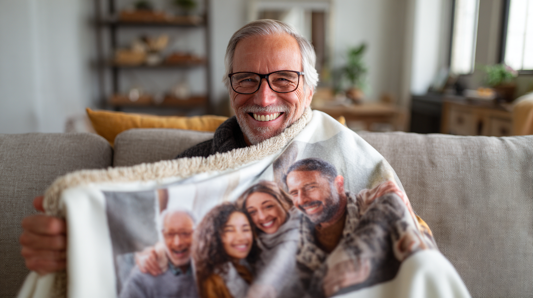 Man holding a blanket with a family photo on it, smiling in a living room.