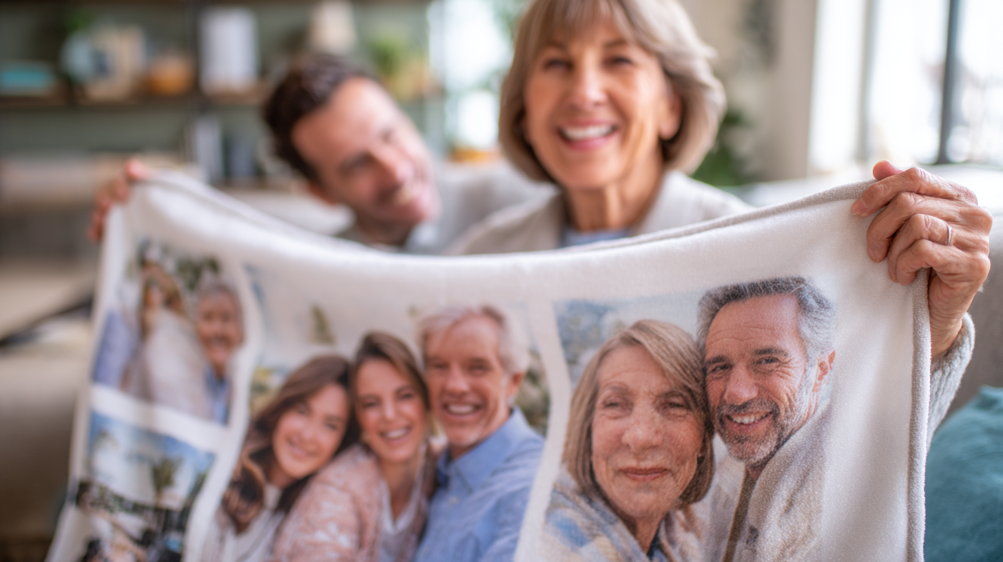 Woman holding a blanket with family photos printed on it, smiling with a man in the background.