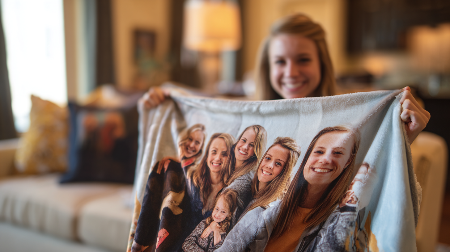 Woman holding a blanket with a group photo of friends on it in a living room.